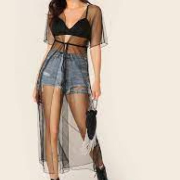 Tie Waist Sheer Mesh Kimono - Picture 2 of 5